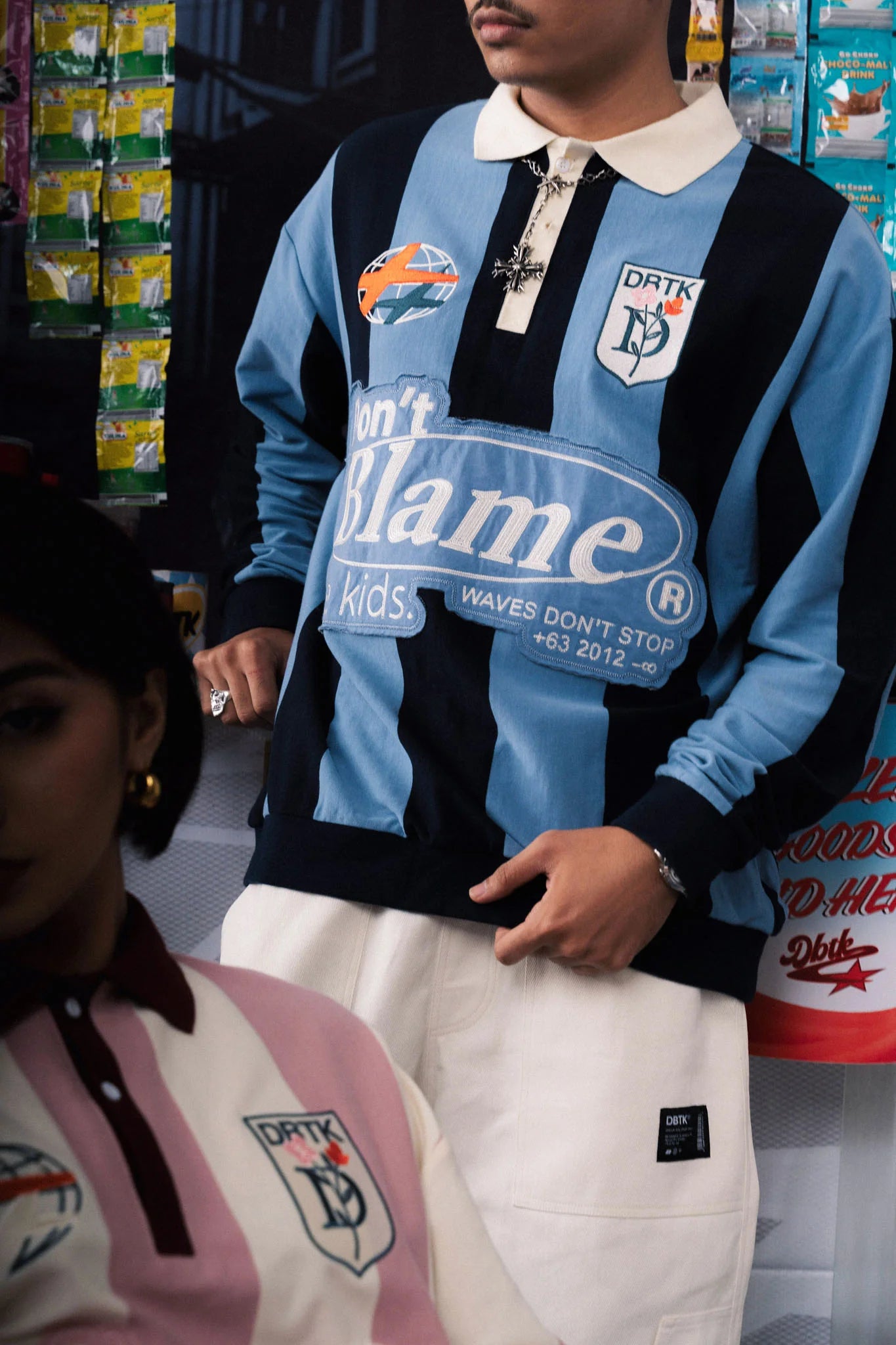 Vertical Bloom Polo LS - Navy Blue / Sky Blue
