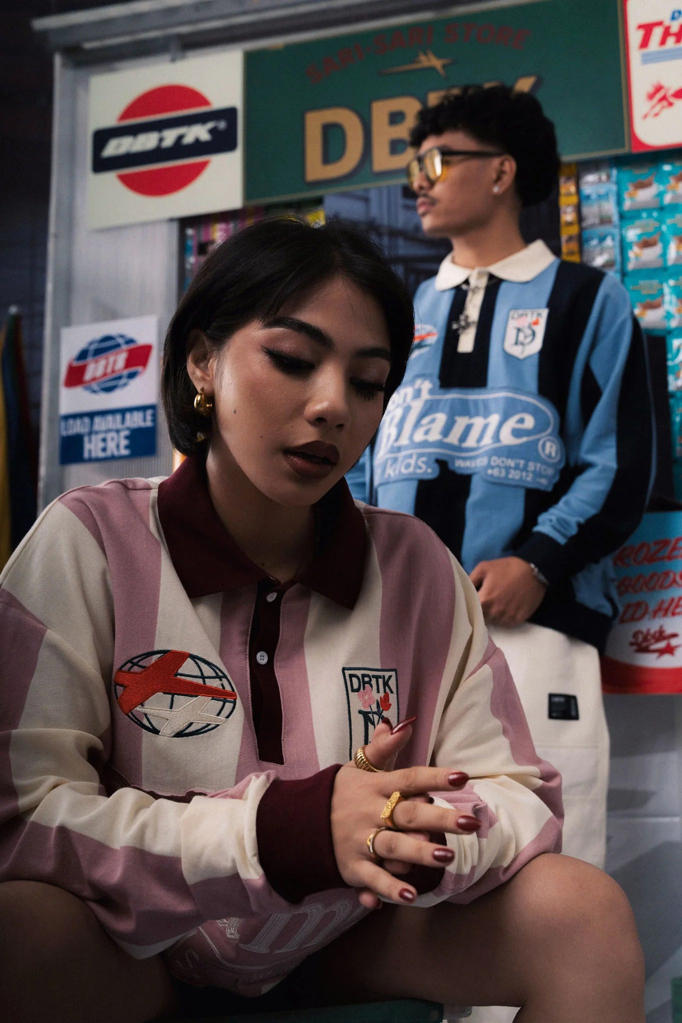 Vertical Bloom Polo LS - Navy Blue / Sky Blue