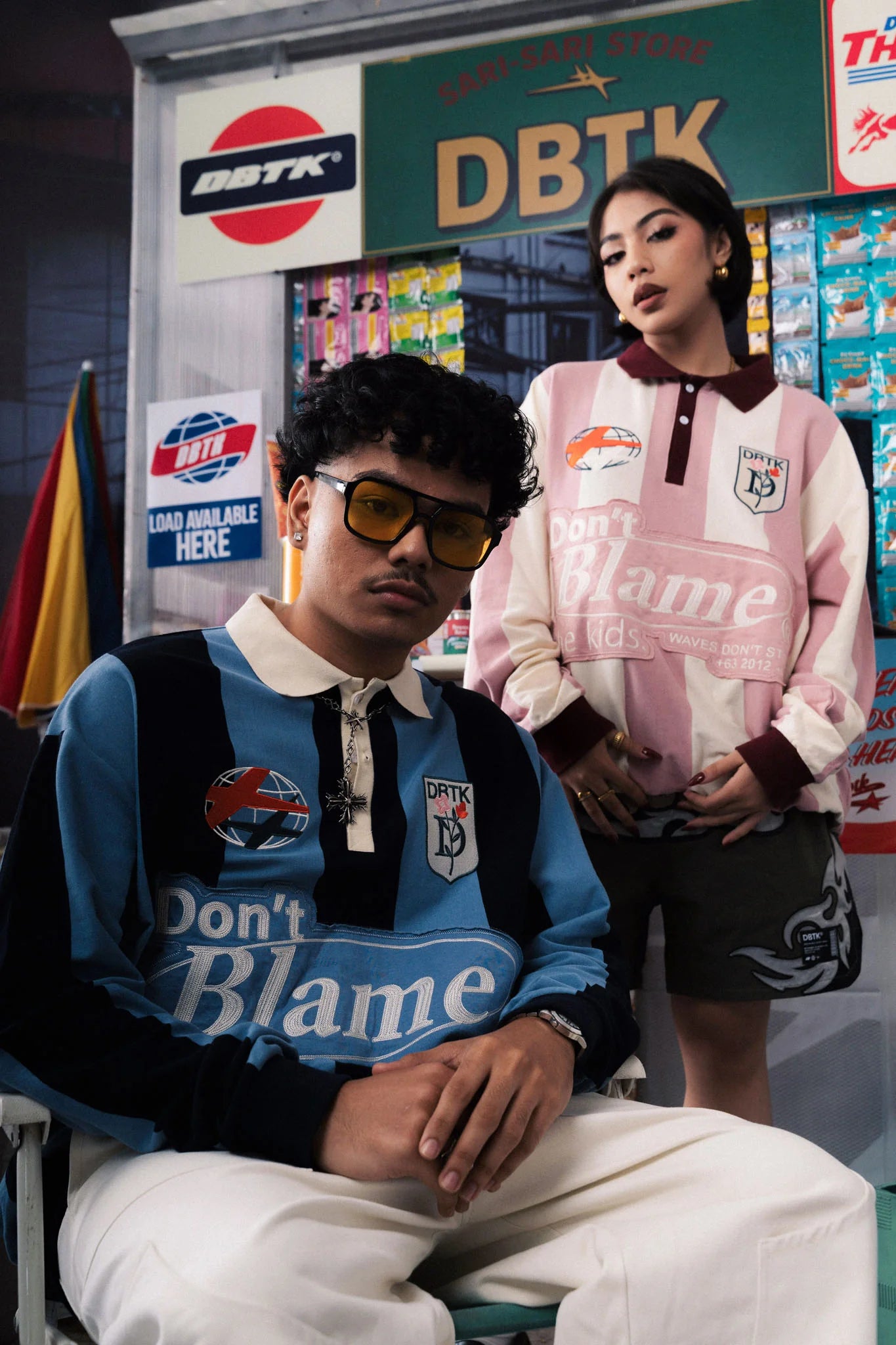 Vertical Bloom Polo LS - Navy Blue / Sky Blue