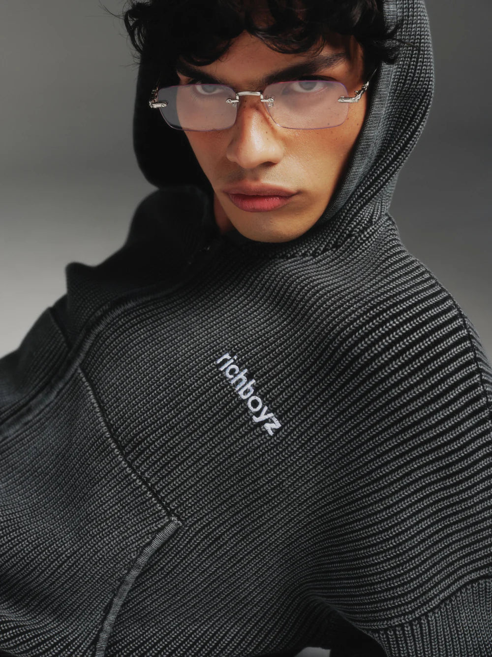 Knitted Full Zip Box Hoodie - Shadow