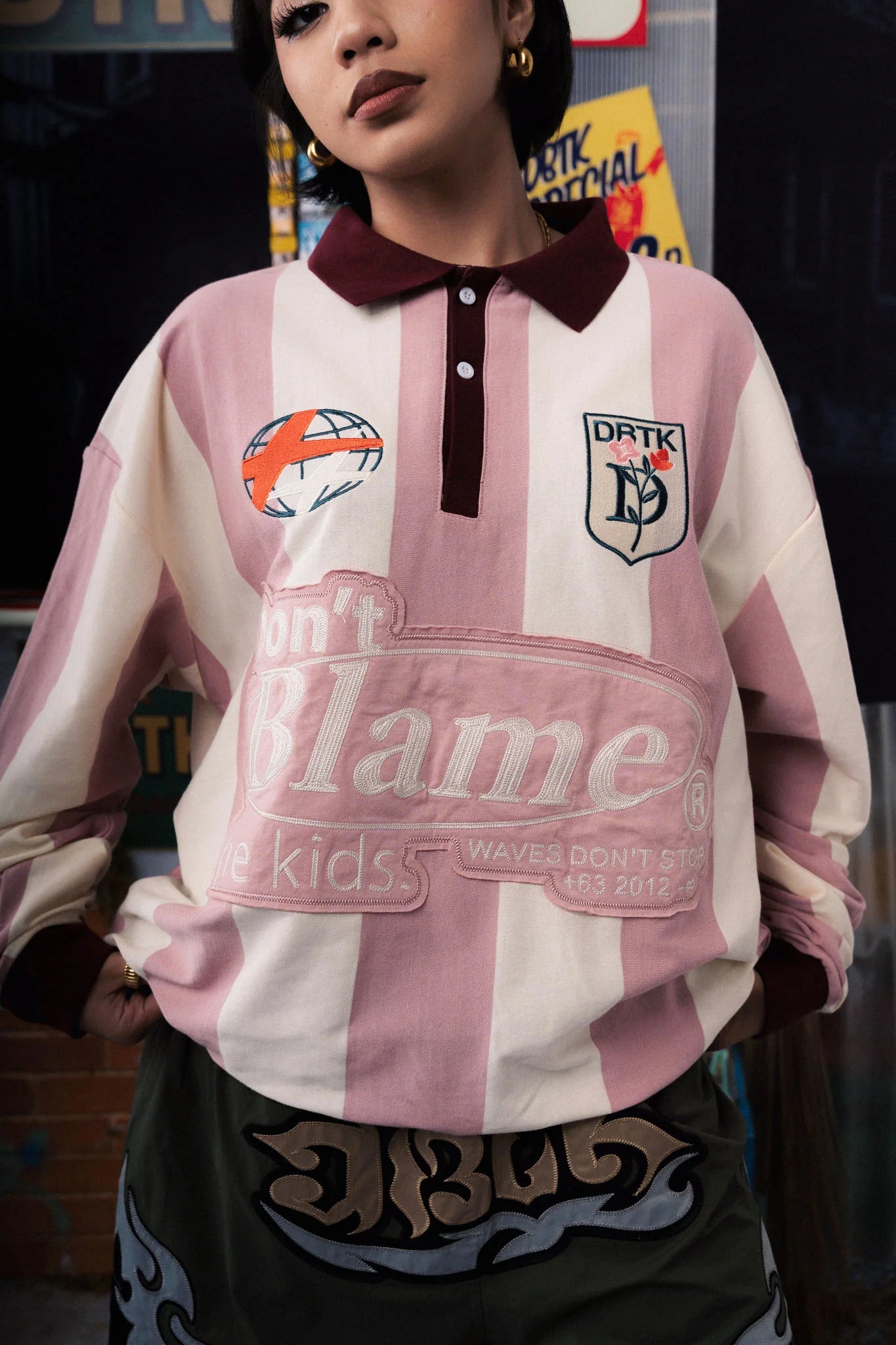 Vertical Bloom Polo LS - Pink / Cream